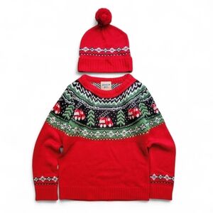 Brooklyn Boys Fair Isle Firetruck Christmas Holiday Sweater & Hat Matching Set